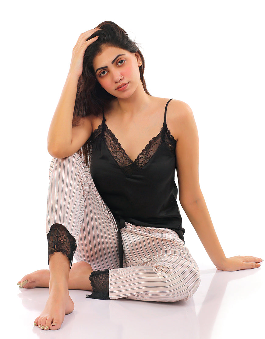 PREMIUM QUALITY SATIN SILK CAMI AND PJ SET - BLACK STRIPES