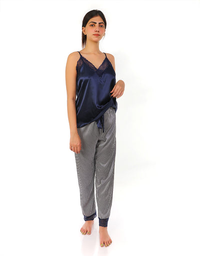 PREMIUM QUALITY SATIN SILK CAMI AND PJ SET - BLUE STRIPES
