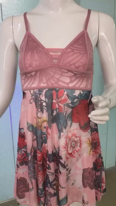 PRINTED MESH AND LACE BABYDOLL WITH G STRING-FOXGLOVE