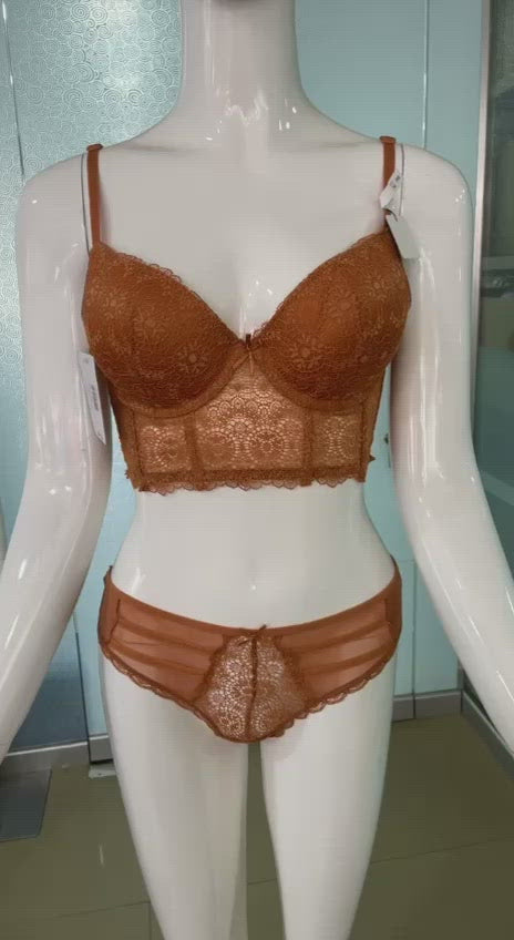 LACE MESH LONGLINE PUSH UP BRA SET- AMBER BROWN