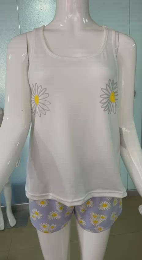 SUN FLOWER TANK TOP AND SHORT SET – WHITE/PURPLE