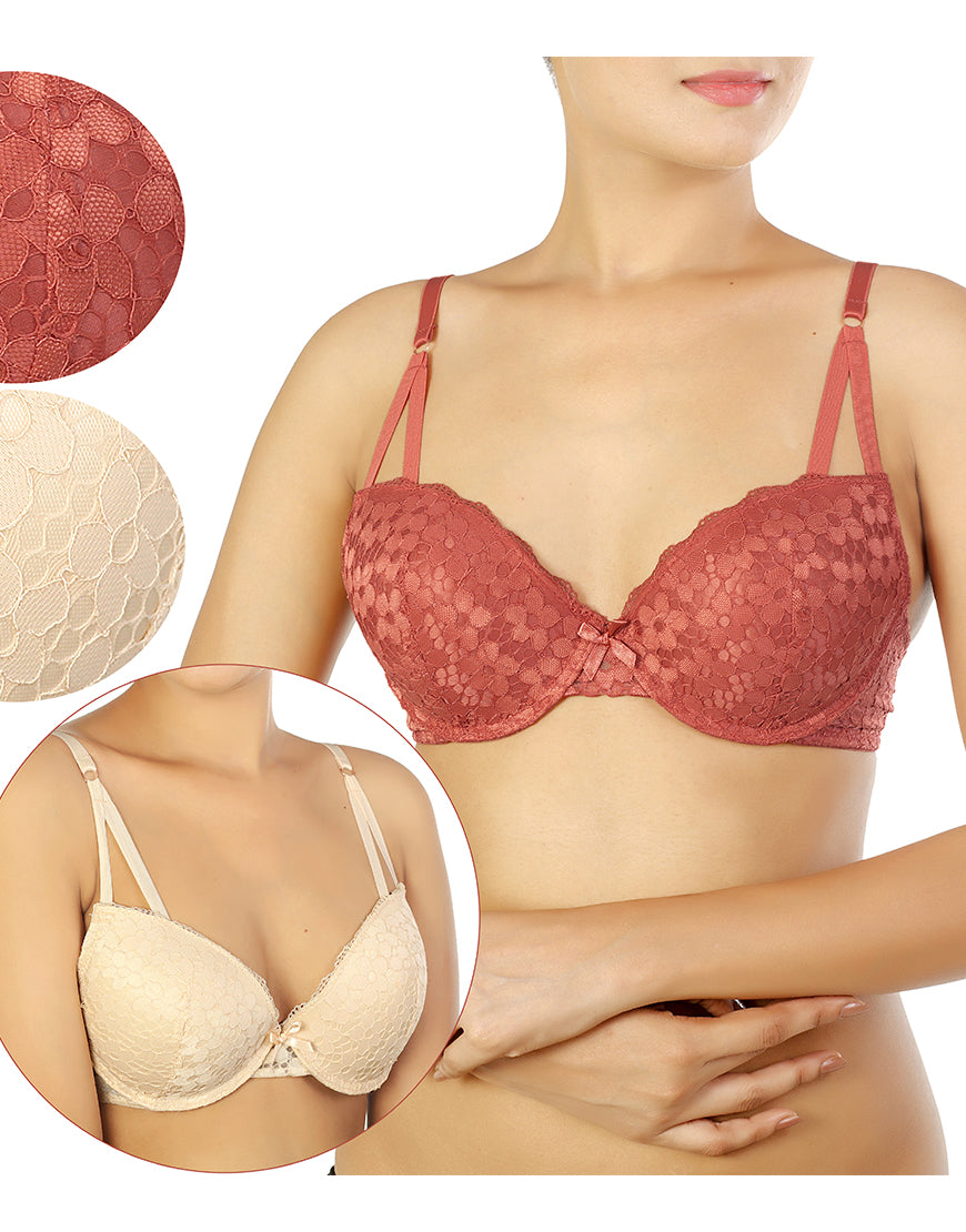 PACK OF 2 WIRED CAGE STYLE ALL OVER LACE PUSH-UP BRAS-DUSTY CEDAR